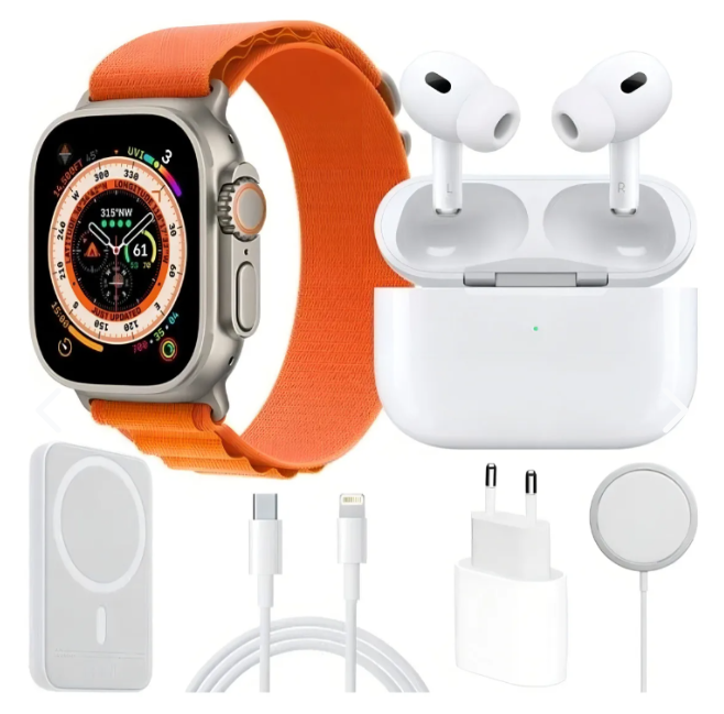 Smartwatch X8 Ultra y audífonos inalámbricos con accesorios